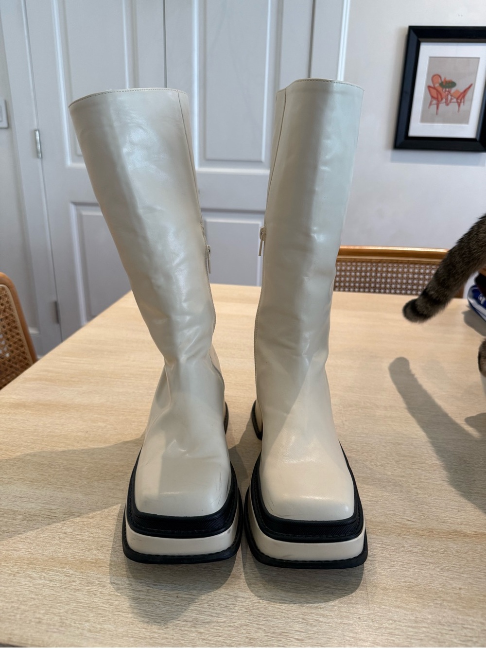 Cream mid Shin-High Women's Boots with Black Trim